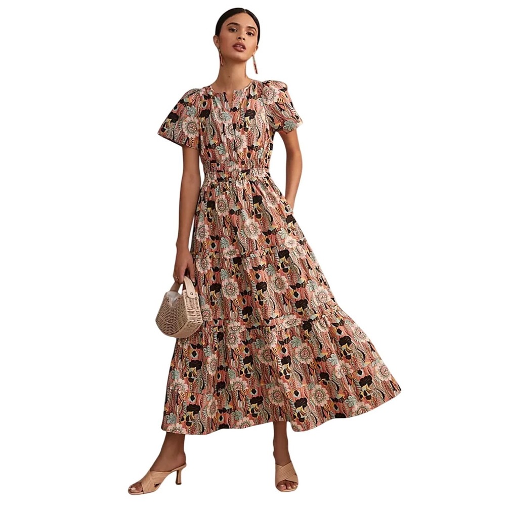 MAEVE Anthropologie Floral Print Tiered Midi Short Sleeve Cotton Dress Women's S
